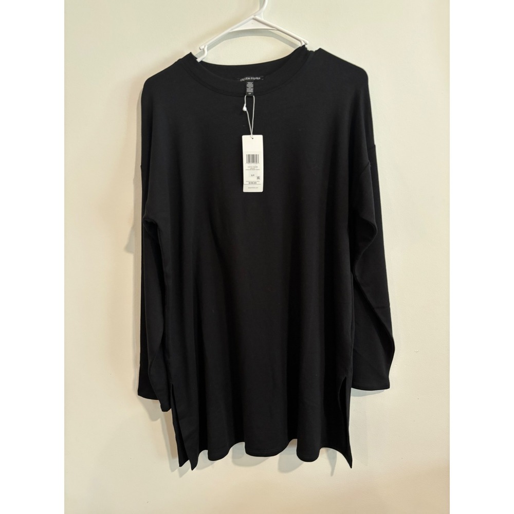 Eileen Fisher Crew Neck‎ Boxy Tunic Womens Small Black Side Slit Long Sleeve NWT